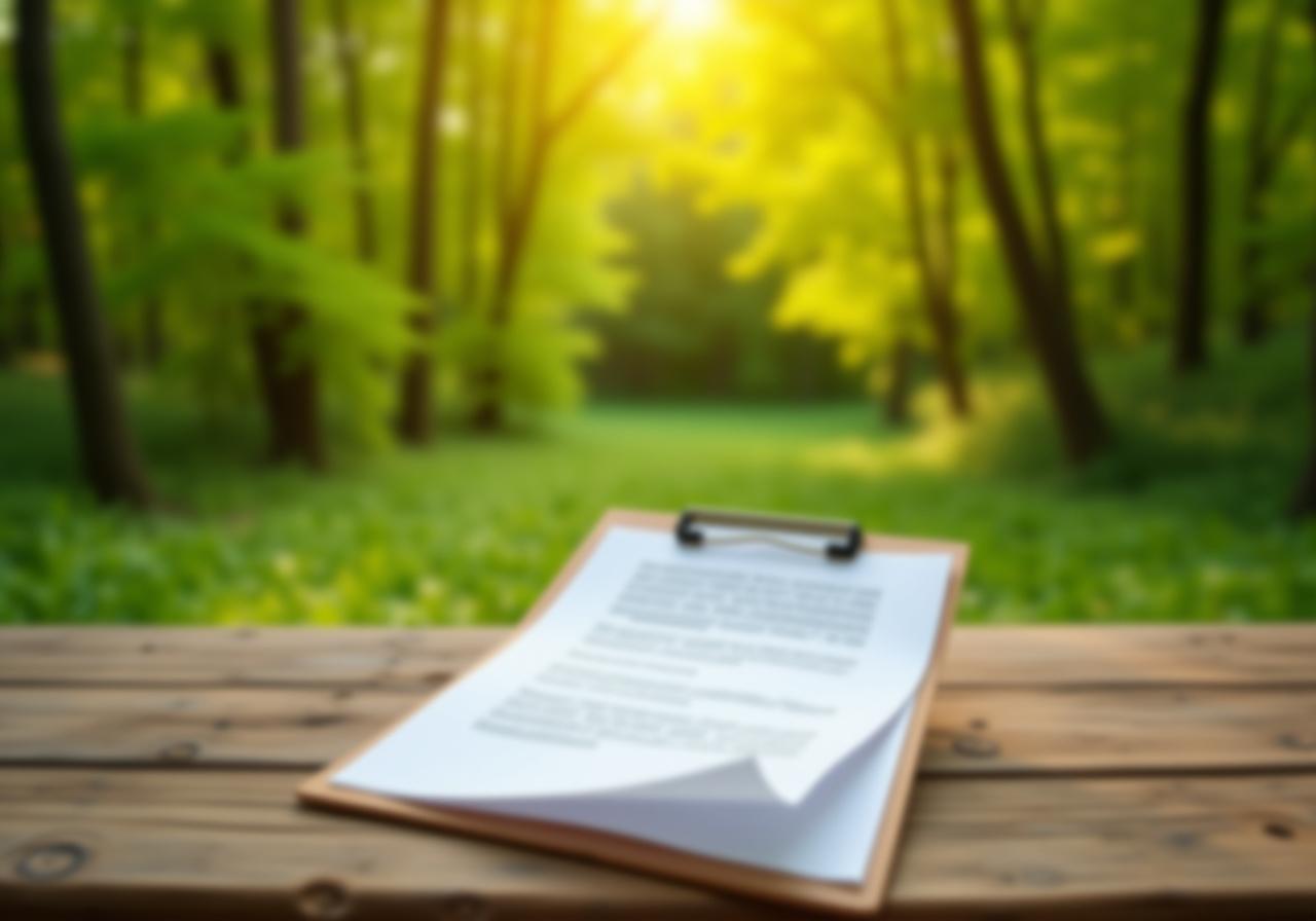 Legal documents resting on a rustic wooden table in a forest setting