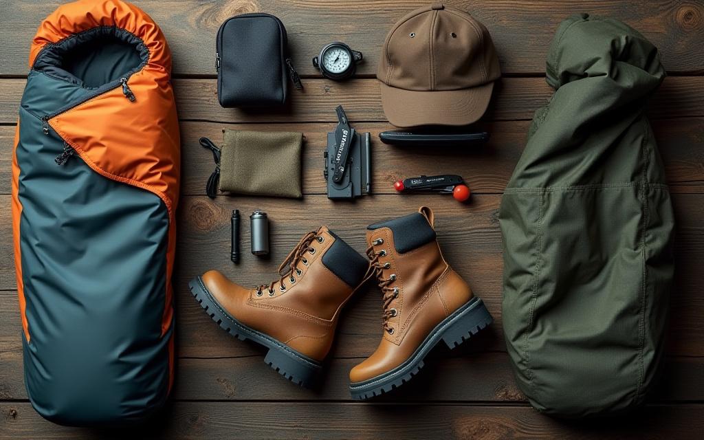 Professional hiking gear laid out on a table
