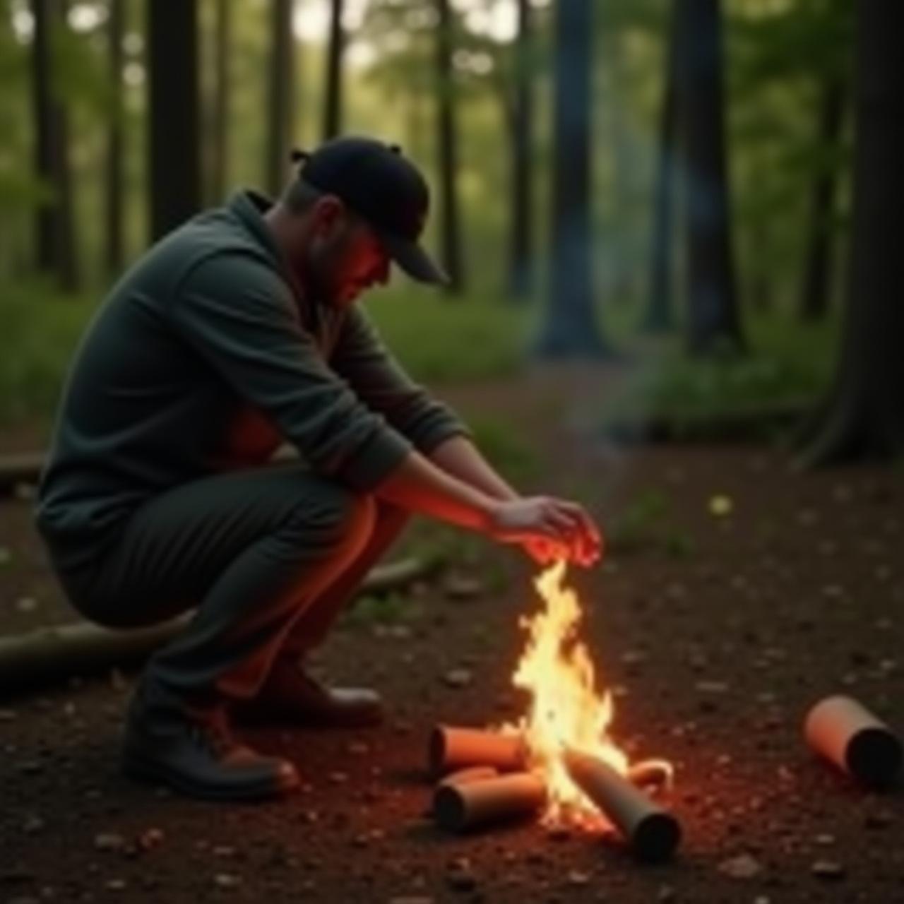 Wilderness survival workshop instructor demonstrating fire building