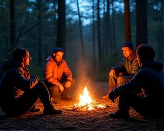 A group of early founders sitting by a forest campfire