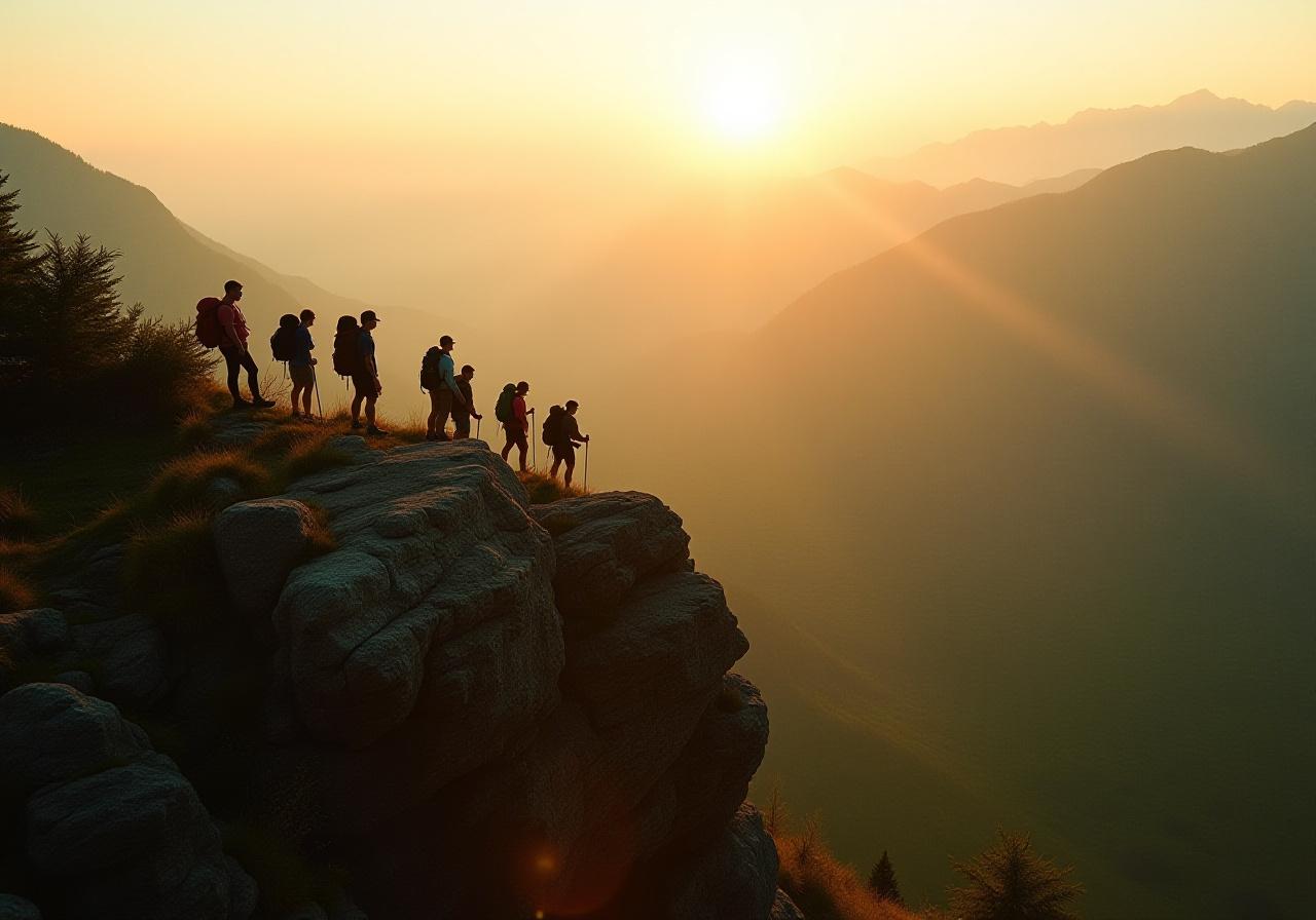 Group of hikers on a ridge at sunrise