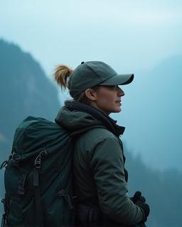 Female mountain guide looking over an alpine valley