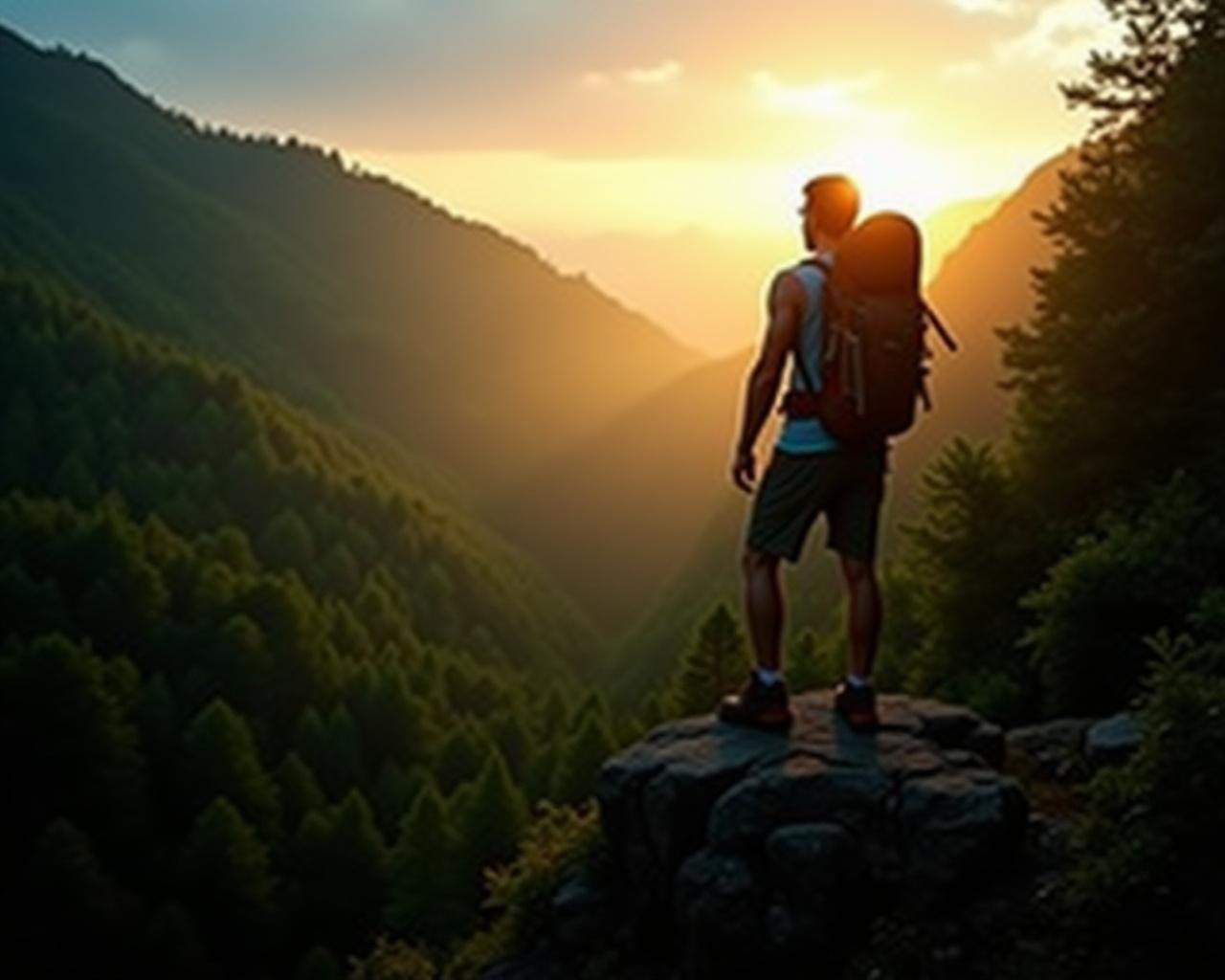 Outdoor hiker looking over a vast forest valley during golden hour